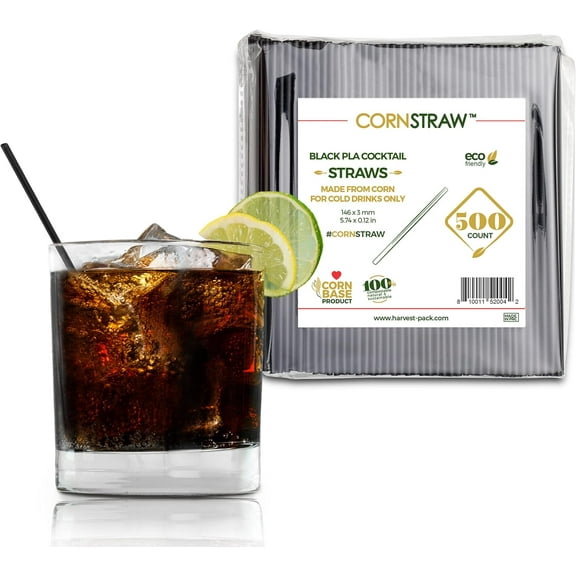 Hakoware Disposable Cornstraw 5 inch Black PLA Cornstarch Plasticless Drink Stirrer Cocktail Straw 500 Count