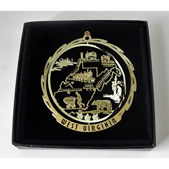 West Virginia State Brass Ornament Black Leatherette Gift Box