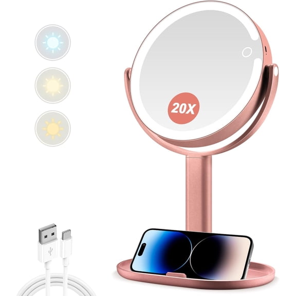 Makeup Mirror with Lights,20X Magnifying Mirror with Light and Touch Switch, 2-Sided Vanity Mirror with 3 Colors and 80 LEDs, Metallic Rose Gold