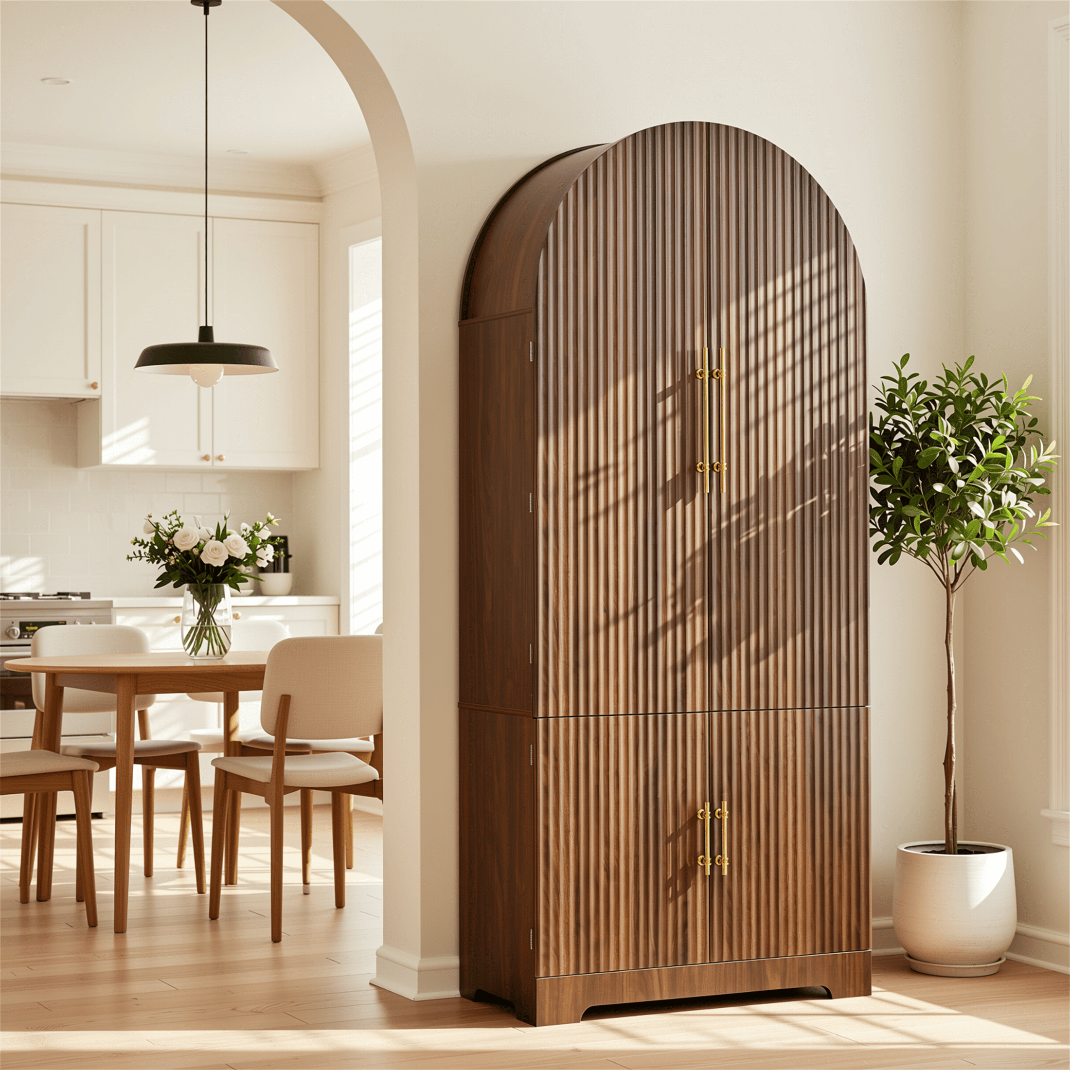 Homy Casa 72" Arched Kitchen Pantry Cabinet with 8 Door Shelves and Hidden Drawer, Walnut