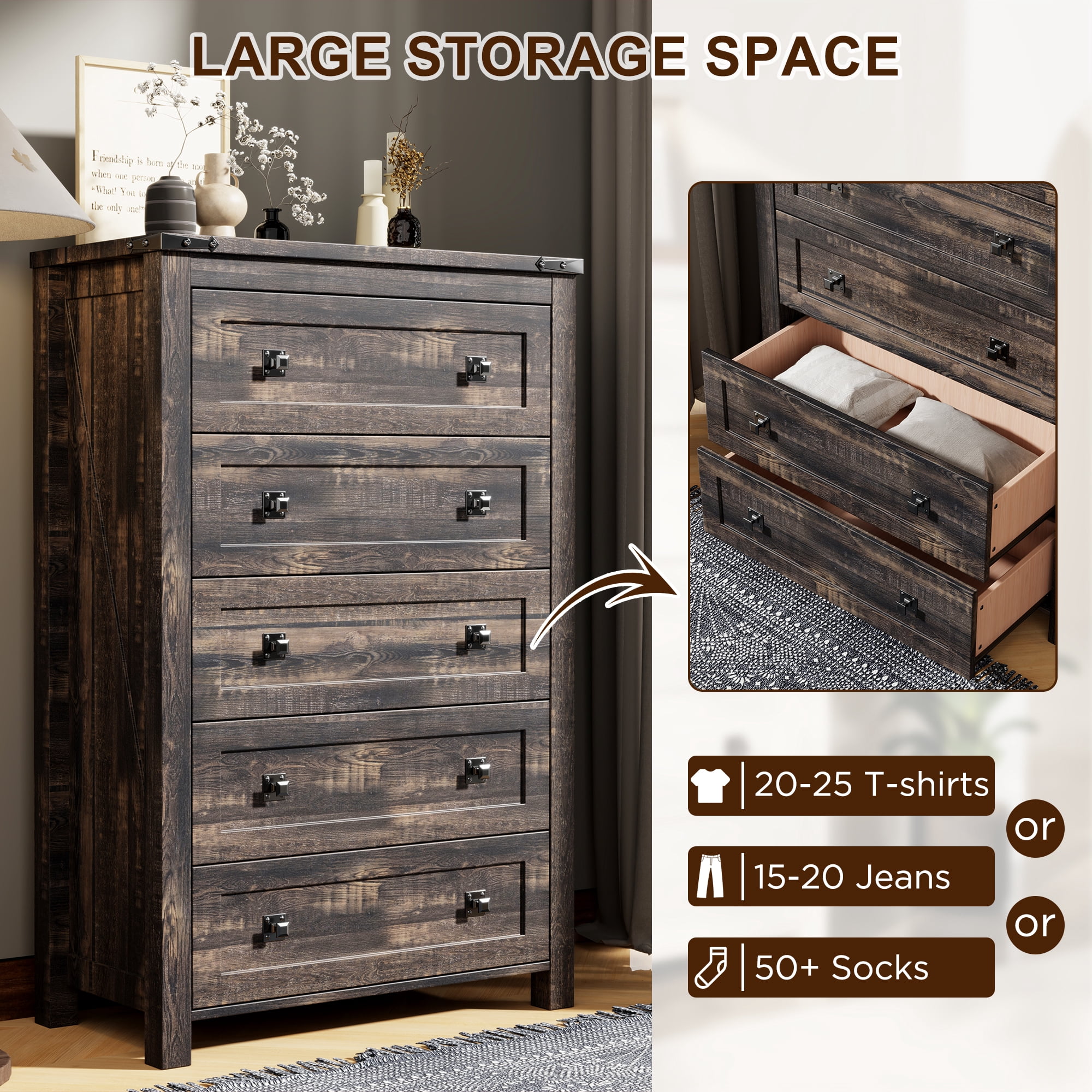 Keywhat Farmhouse 5 Drawer Dresser for Bedroom, Chest of Drawers Wood Organizer for Living Room, Dark Rustic Oak