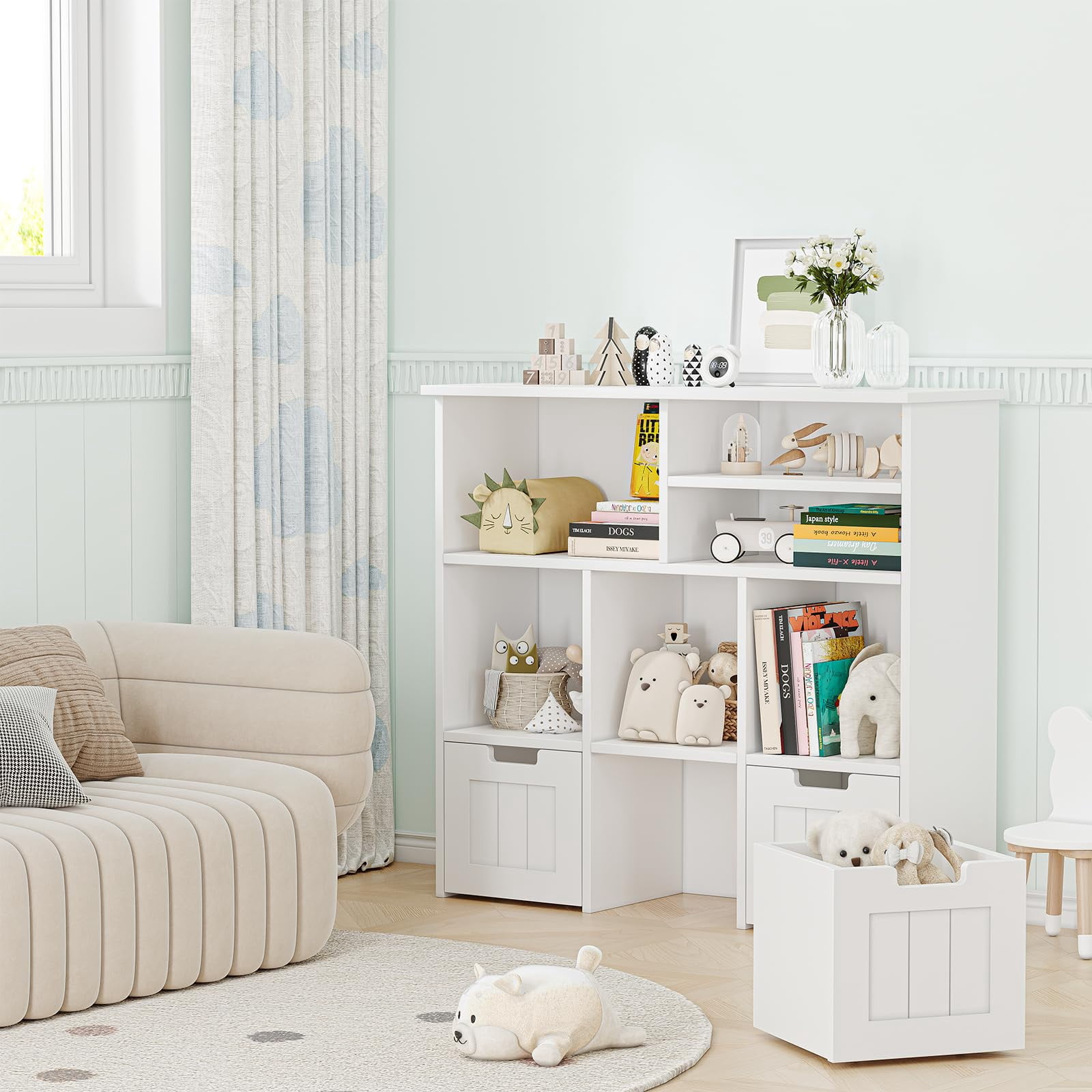 Juiluna Toy Storage Cabinet with 3 Movable Drawers & 6 Cubes, Children's Toy Shelf Kids Bookshelf with Hidden Wheels, Kids Bookcase Toy Storage Organizer for Bedroom & Playroom & Nursery
