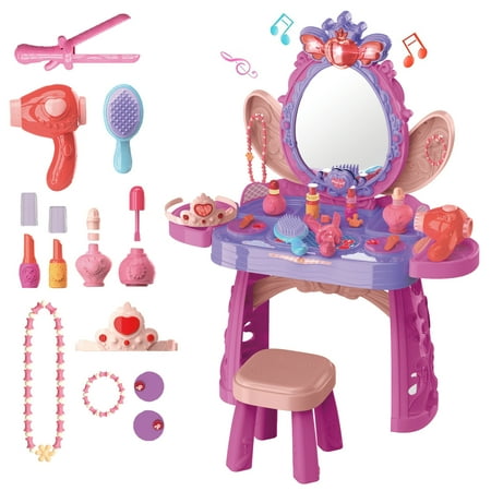 Freecat Kids Makeup Vanity Set With Mirror And Stool 3-6 Years Old Girls Pretend Play & Dress Up Toy Toddler Vanity Table Set With Light And Music Sound Gift for Little Girl(36 PCS)