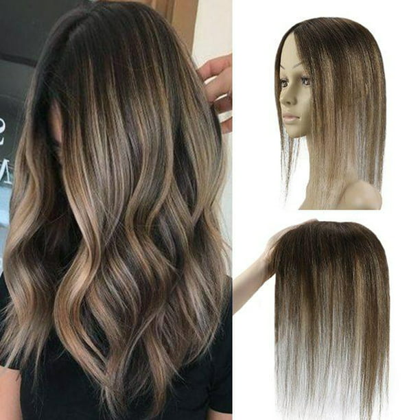Sunny Hair Piece Topper Extension 10 inch Balayage Medium Brown Mixed  Caramel Blonde Real Silk Base for Thinning Hair 