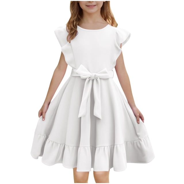 Robes d'Été pour Filles à Double Couche, Manches Volantées, Coupe Évasée Fluide, Robe Soleil Décontractée Midi, Blanc, 7-8 Ans