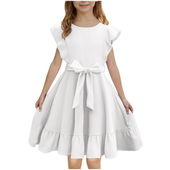 Maean Girls Dresses Ruffle Sleeve Dress A Line Flowy Pleated Tiered Casual Solid Color Party Dress 3-14 Years