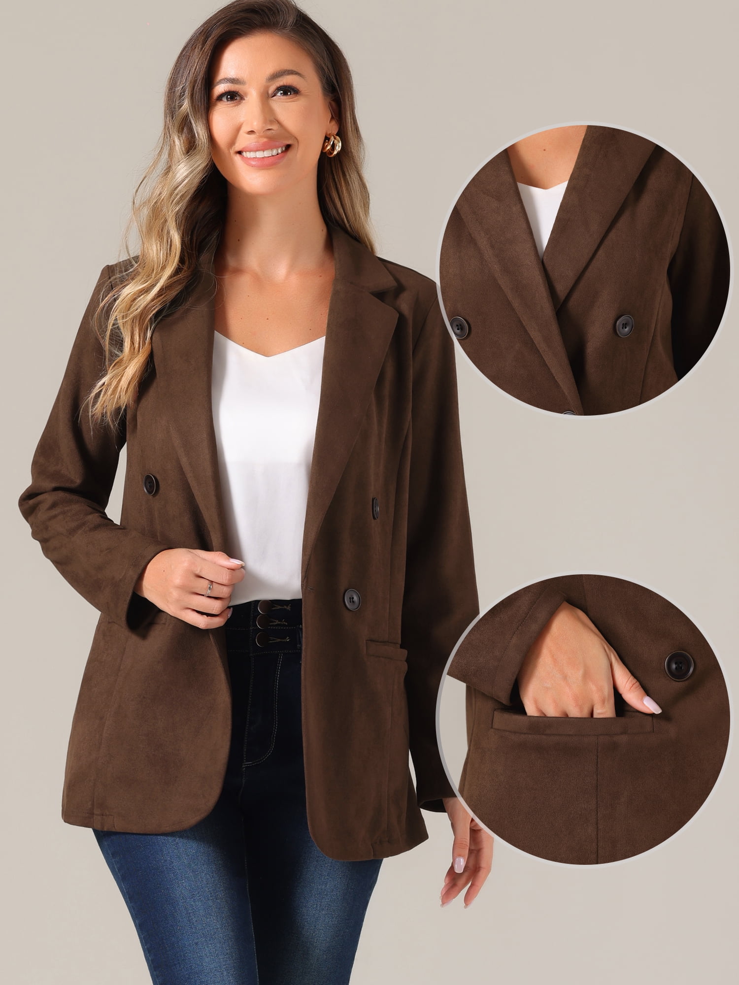 DARING DIVA Women's Faux Suede Blazer Double Breasted Suit Jacket XS Brown