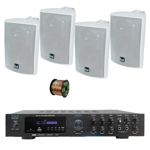 Pyle PDA8BU 5.1 Channel Home Audio Theater Bluetooth MP3/USB/SD/AUX/FM Radio Receiver, 4x 4" 200 Watt Max 3-Way Indoor/Outdoor Wall Mount Audio Speakers (White), 50 ft 16 Gauge Speaker Wire