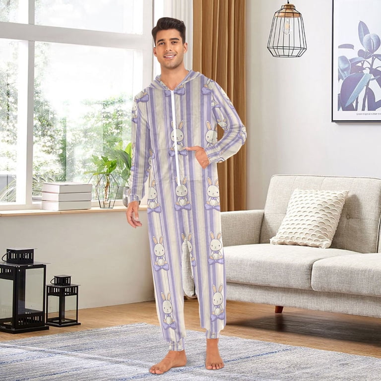 Adult Onesie Rabbit Plaid Zipper One-Piece Pajamas Unisex with