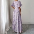 thumbnail image 3 of Womens Summer Dresses, Floral Chiffon Long Maxi Dress, Square Neck Puff Sleeve Ruched Waist Flowy Dress Purple XL, 3 of 6