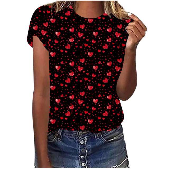Hyknon Womens Tops Été Saint-Valentin Amour Imprimé Décontracté Manches Courtes Col Rond Haut/chemise Pull Doux Polyvalent pour Femmes