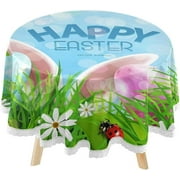 SKYSONIC Rabbit Ears Eggs Grass Round Tablecloth 60inch Indoor Wrinkle Free, Easter Background Circular Lace Table Cover Washable for Kitchen Party BBQ Dining Decor