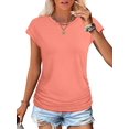 thumbnail image 1 of Womens Summer Tops Ruched Cap Short Sleeve Tshirts Shirts Crew Neck T Shirts Fashion Coral M, 1 of 6