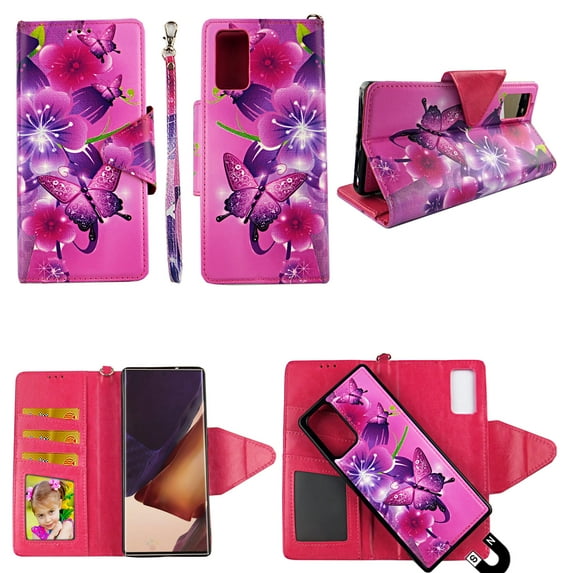 Pk Butterfly Flower Case for Samsung Galaxy A51 (4G) Magnetic Detachable Pu Leather Wallet Cover Flap Closure Snap-on Book Style Cases Card Holders Wrist Strap 2 in 1 Folio