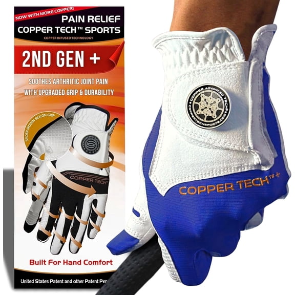 Copper Tech Plus Golf Gloves Men (2nd Gen) | Copper Compression Joint Support Golf Glove (White/Royal Blue, Medium-Large, Right)