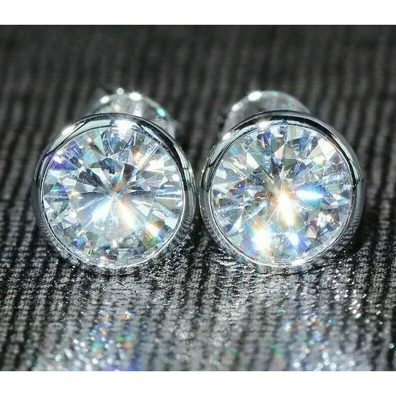 4Ct Round Cut Lab Created Diamond Bezel Set Solitaire Stud Earrings 14K White Gold Plated