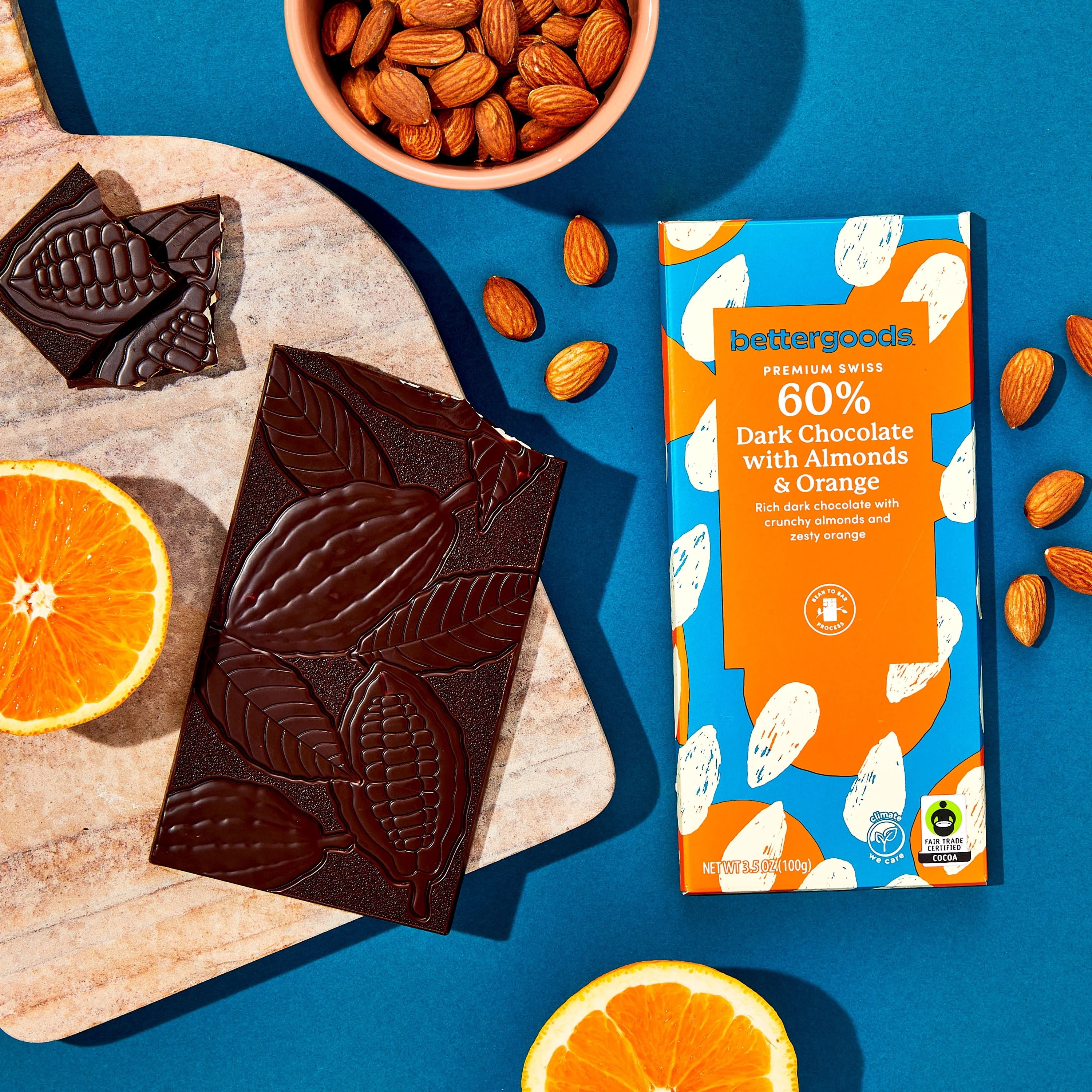 bettergoods Premium Swiss 60% Dark Chocolate Bar with Almonds & Orange, 3.5 oz