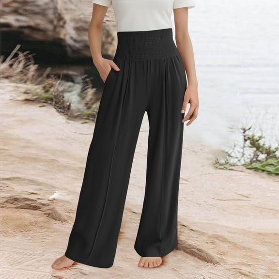 Girls Linen Palazzo Pants Summer Boho Wide Leg High Waist Casual Pant 2025 Beach Travel Vacation Outfits Classic Girls Pants Black 12-13 Years