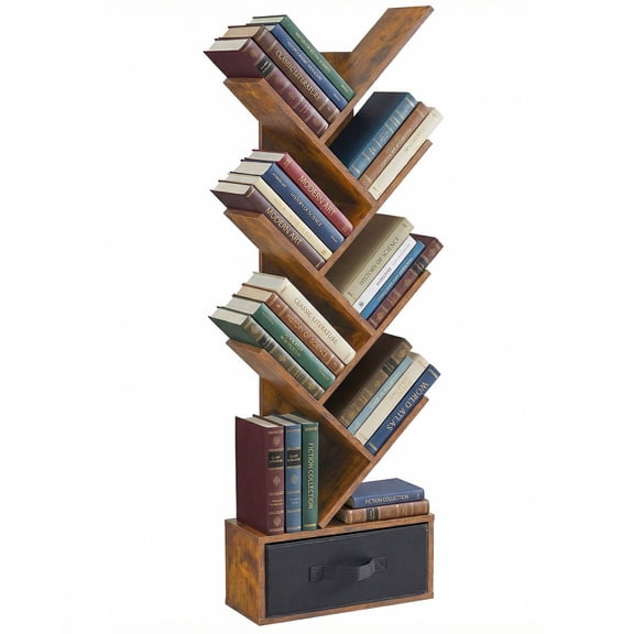 EDX 7-Tier Tree Bookshelf with Drawer, Tall Narrow Wood Bookcase for Living Room, Bedroom, Floor Standing Storage Shelf for Corner & Small Space, Rustic Brown
