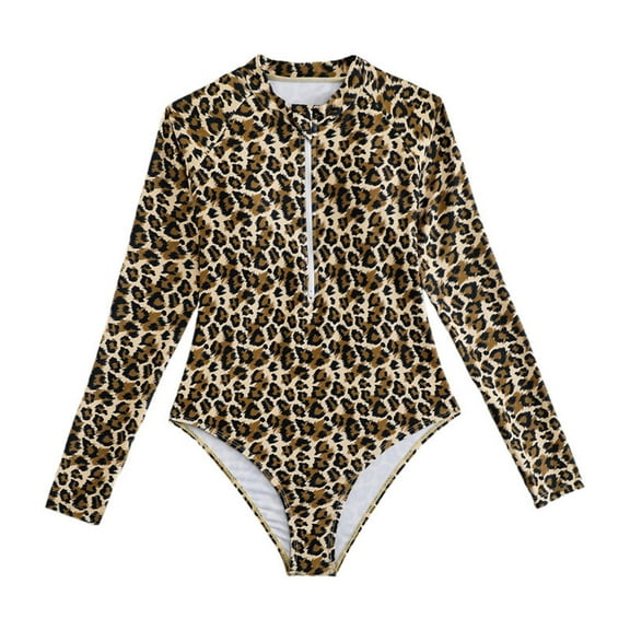 TOOYOU Girls One-Piece Swimsuit New Leopard Print Long Sleeve Swimwear Adjustable Swimsuits Sweet Girl Size 8-9 Years Khaki