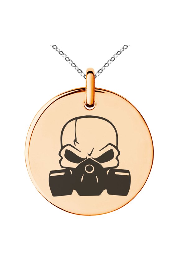 Stainless Steel Biohazard Death Skull Engraved Small Medallion Circle Charm Pendant Necklace