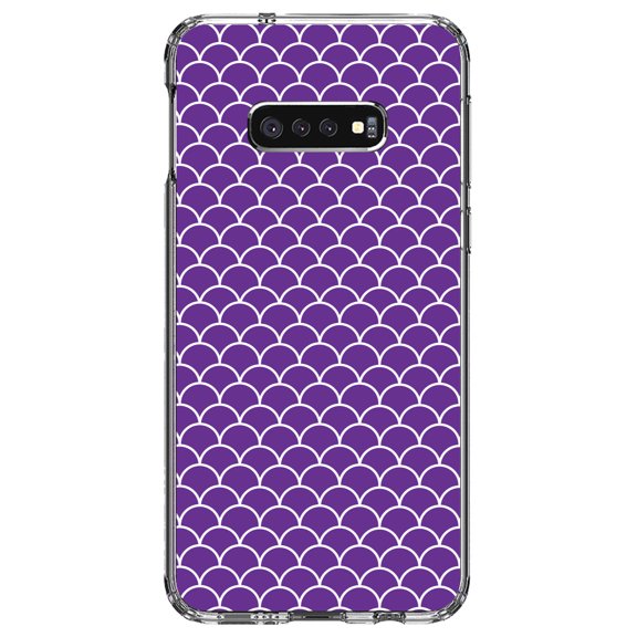 DistinctInk Clear Shockproof Hybrid Case for Samsung Galaxy S10e (5.8" Screen) - TPU Bumper, Acrylic Back, Tempered Glass Screen Protector - Purple White Scalloped Pattern