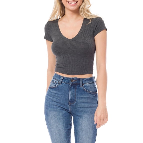 MixMatchy Women's Basic Ribbed Solid V-Neck Short Sleeve Crop Top