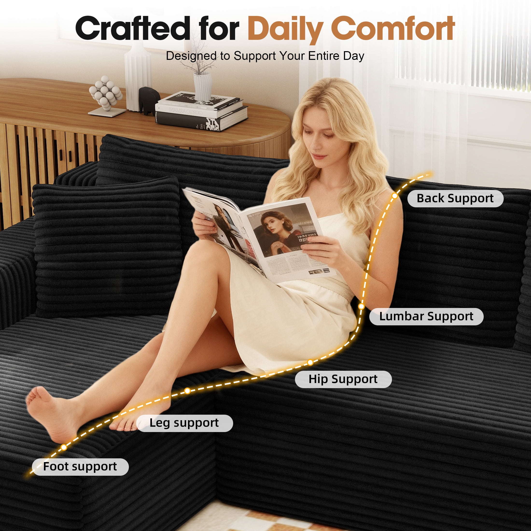 Aukfa Modular Sectional Sofa with Chaise, 95" Boneless Cloud Couch for Living Room, Black