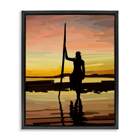 Stupell Industries Sunset Surfer Silhouette Nautical & Beach Painting Black Floater Framed Canvas Art Print Wall Art, 17 x 21