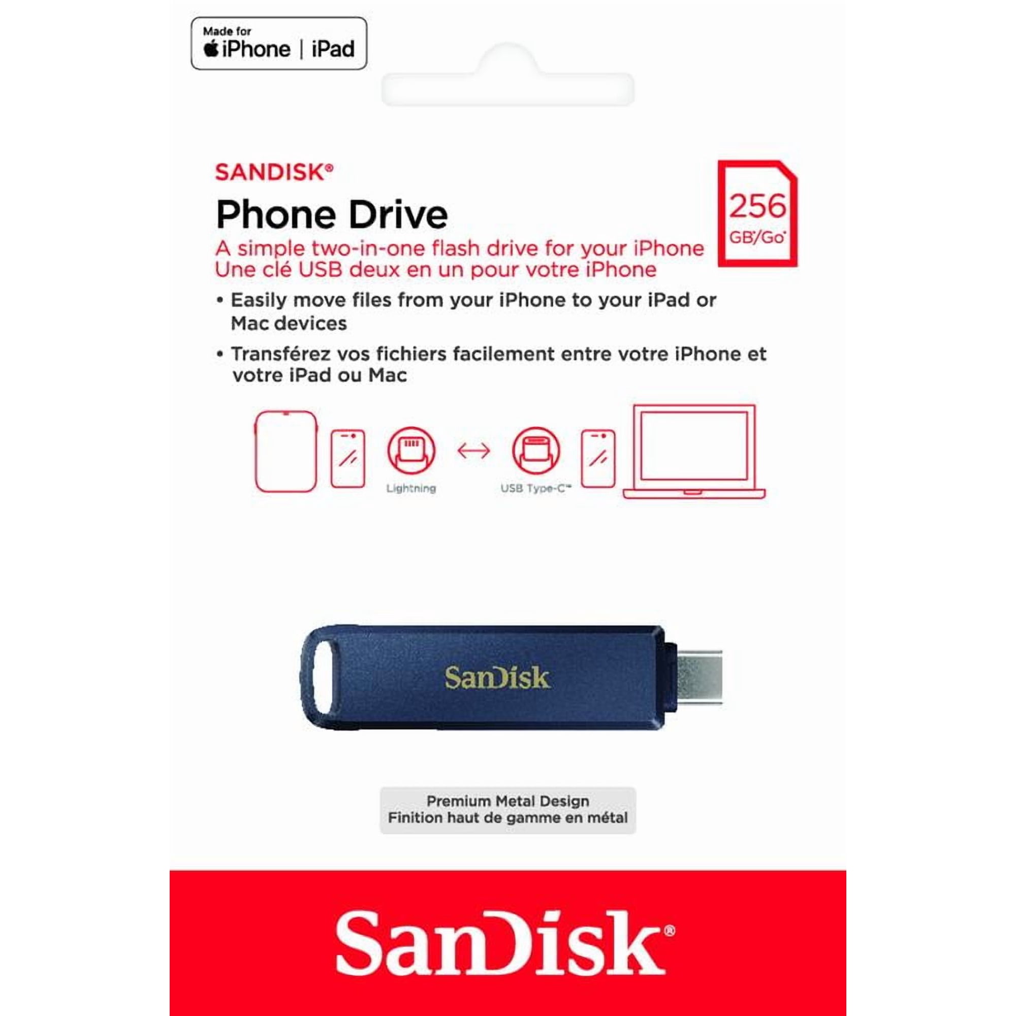 SanDisk Phone Drive 256GB USB Flash Drive for iPhone Lightning and USB Type-C Metallic Sky