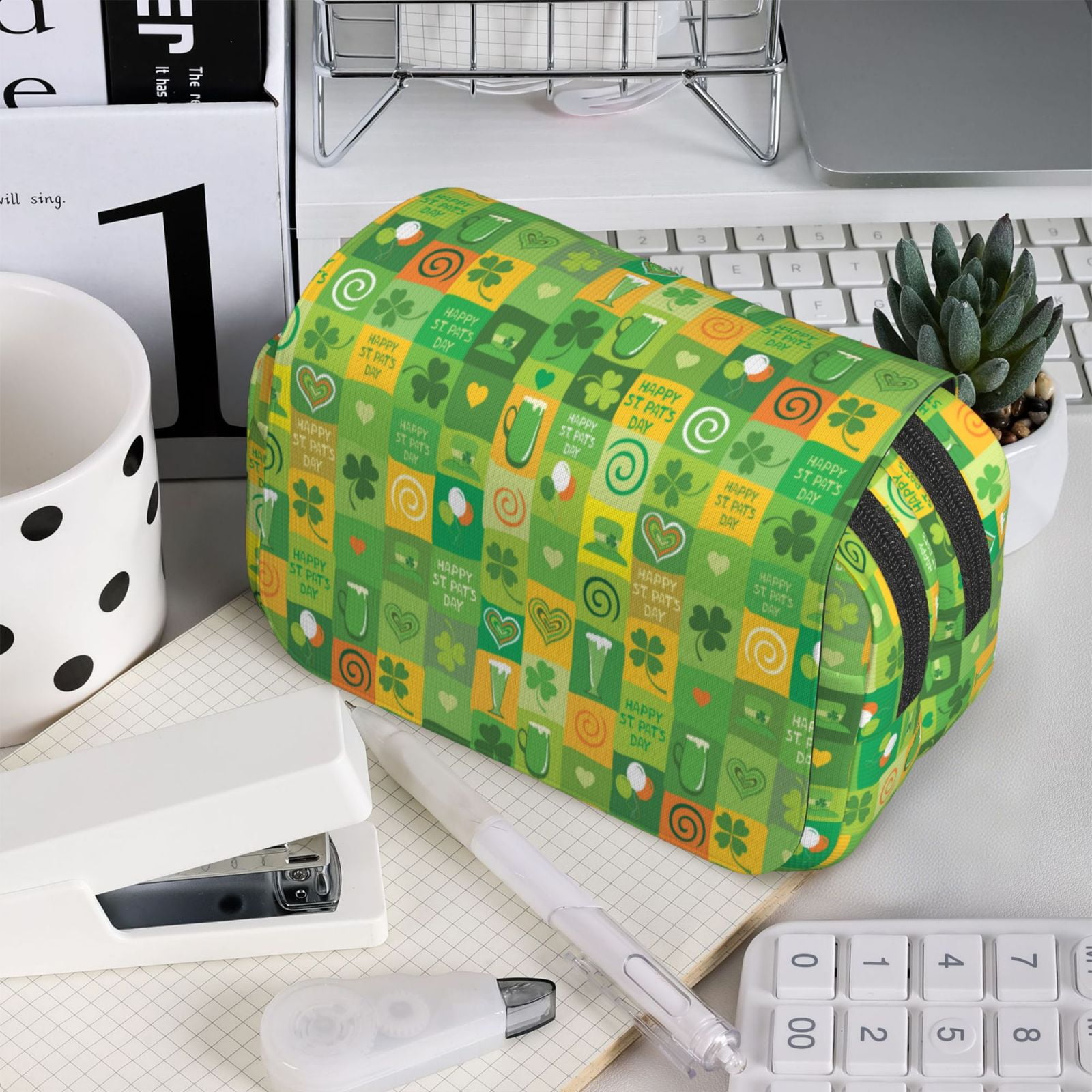 Rateoe St. Patrick's day Pattern Double Clamshell Pen Case, Storage Organizer with Two Zipper Compartments– Holds Up to 50 Pencils & Pens