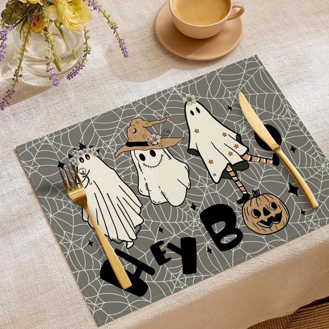 Manteles individuales de lino Janrevotw para Halloween, serie "Truco o trato", manteles individuales combinados, vajilla decorativa para restaurantes y fiestas, manteles aislantes