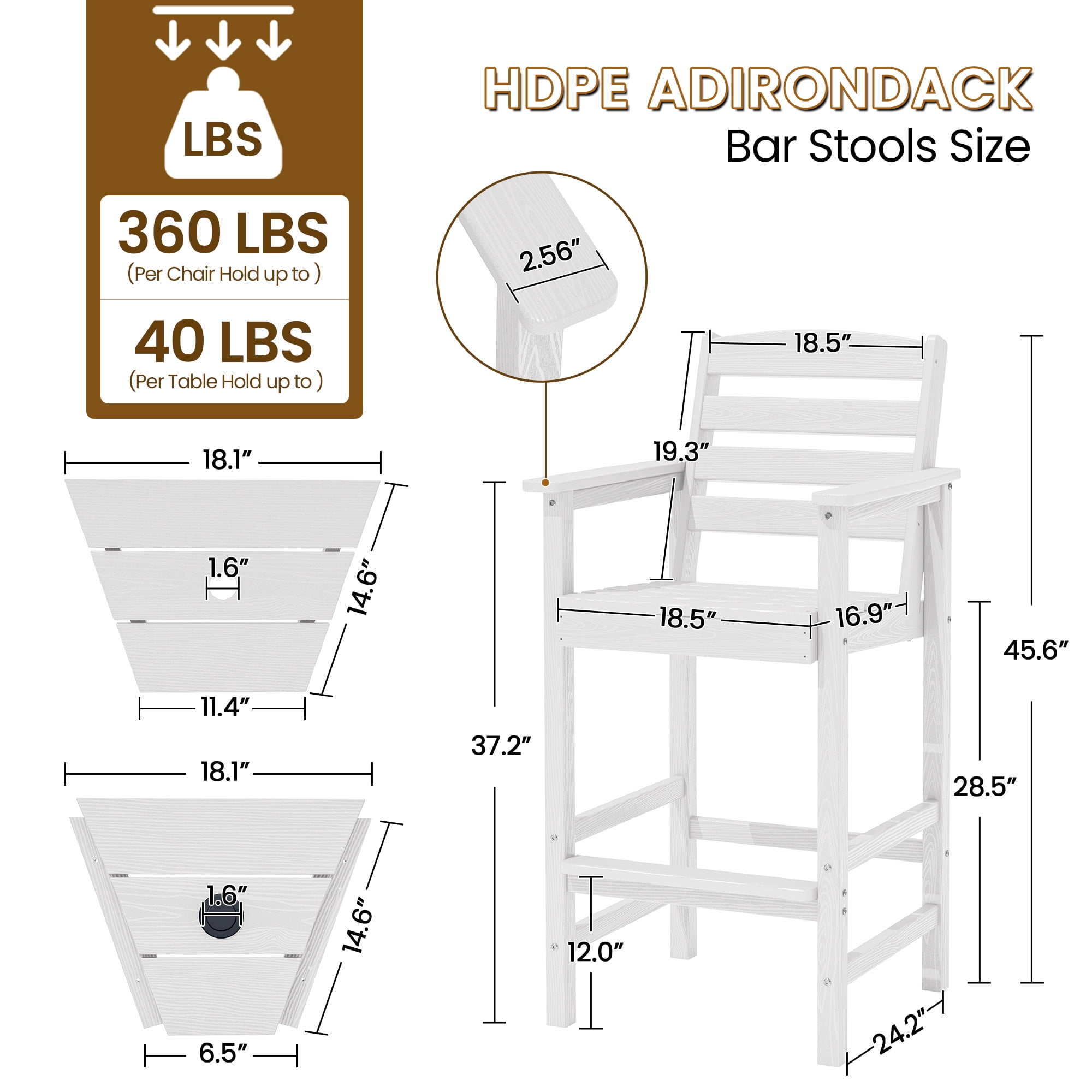 SERWALL Tall Adirondack Chairs Set of 2 with Connecting Table, HDPE Adirondack Outdoor Barstools, White