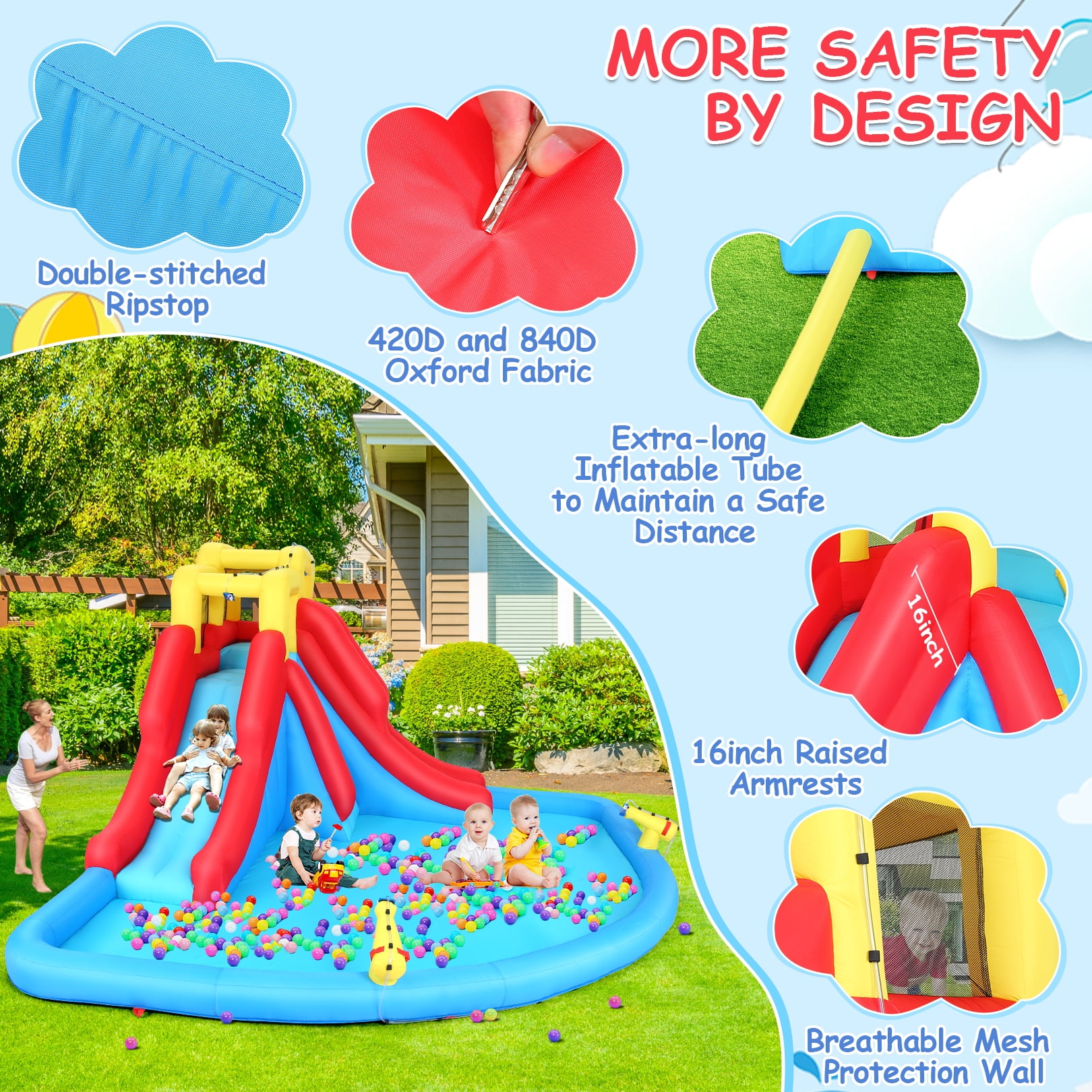 Veeboto Inflatable Water Slide, Inflatable Water Slide with 440W Blower, Includes Large Play Pool, Double Slides, Climbing Wall, Double Water Cannons for Large Water Parks