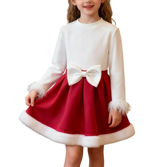 CAIVO Child Autumn Winter Girls Outfit Sets 2 Piece Knitted Long Sleeve Tops With Bow Furry Skirt Toddler Holiday Party Dress 5-6 Years