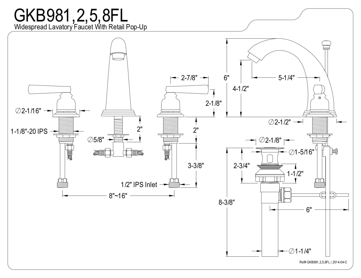 Kingston Brass GKB981FL Royale 8インチ 幅広洗面所蛇口 小売ポップアップ付き、5-1/4インチ、光沢クロム Kingston Brass KB981FL Royale Widespread Lavatory Faucet with