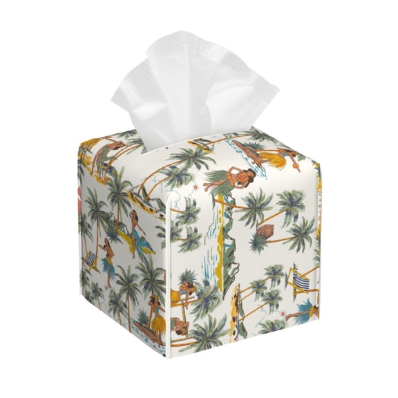 Kdxio Hawaiian Style Print Tissue Box Cover,Square Decorative PU Leather Facial Paper Case Organizer Holder Dispenser for Bathroom,Night Stands,Desk,Car 5.2''X5.2''X5.2''