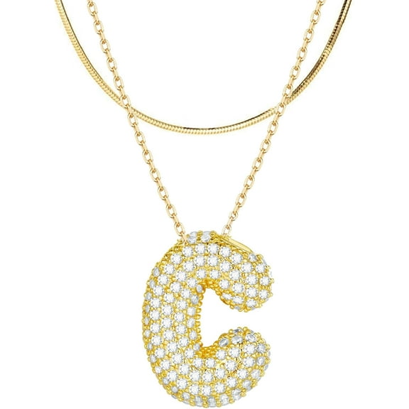 2Pcs Bubble Letter Necklace Gold Balloon Initial Pendant Necklace 18K Real Gold Plated Cubic Zirconia Alphabet Name Necklace For Women Jewelry Gift With Box[Z3830]