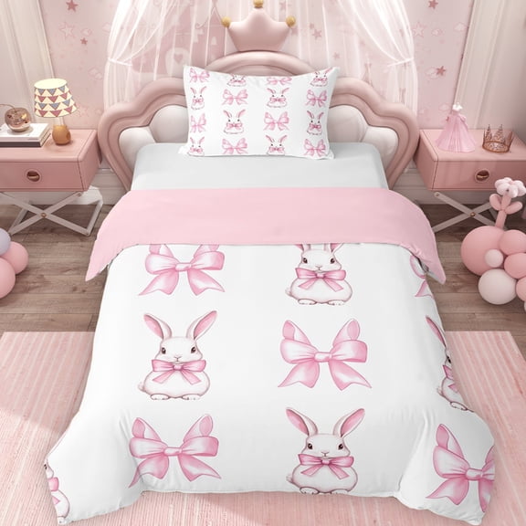 Erosebridal Cartoon Rabbit Twin Bedding for Girls, Dreamy Bow Tie Duvet Cover Set, Pink Reversible 2pcs, 1 Duvet Cover and 1 Pillowcase, No Comforter
