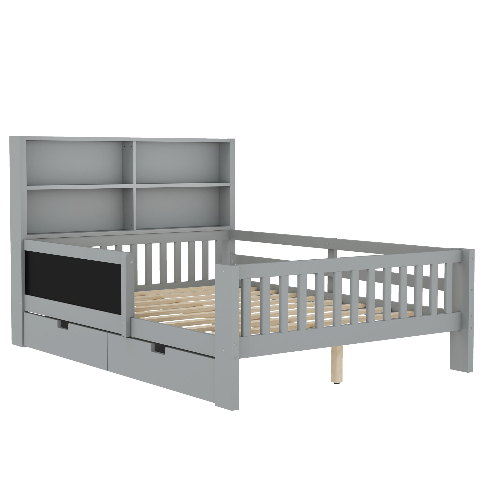 Mintazer Full Kids Platform Bed with Storage Headboard Shelves and Chalkboard, Wood Slat Support Storage Bed with 2 Drawers & Satety Fence for Boys Girls, Gray
