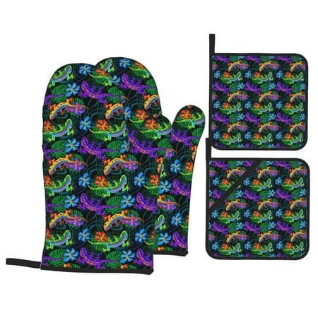 

Oven Mitts and Pot Holders 4 Piece Artistic Colorful Gecko Lizard High Heat Slip Resistant Oven Mitt and Trivets Set Kitchen Oven Glove Pot Holders for Cooking Baking Grilling