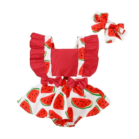 

Youmylove Infant Baby Girls Ruffles Fly Sleeve Floral Sunflower Watermelon Printed Backless Romper Bodysuitt Headbands Outfits Spring Clothing Set
