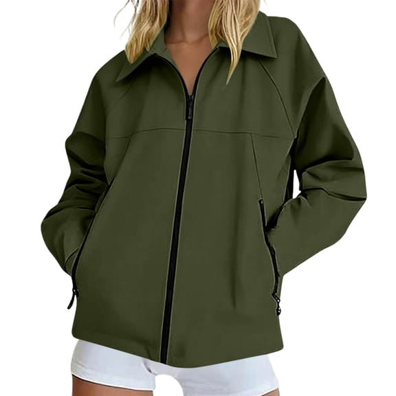TEAJOPSUU Women's Collared Zip Up Jackets Long Sleeve Jackets with Side Zipper Pockets Loose Fit Casual Fall Jackets Blouses Olive Green