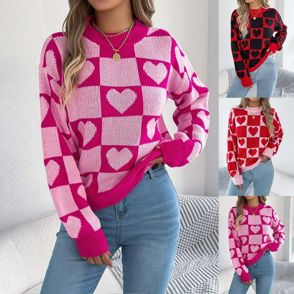 DDAPJ pyju Heart Print Sweaters for Women Fall Casual Loose Crewneck Pullover Sweater Long Sleeve Cozy Knitted Jumpers Red M