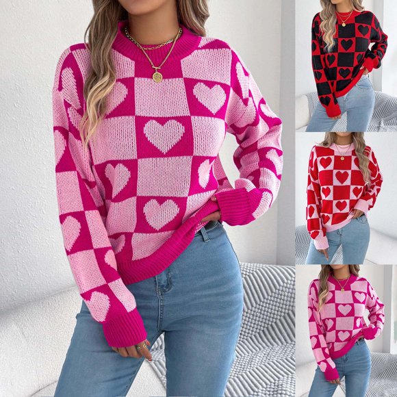 Horkkom Womens Sweaters Pullover Heart Print Crew Neck Long Sleeve Sweaters Fall Winter Knit Sweater L, Gifts for Women