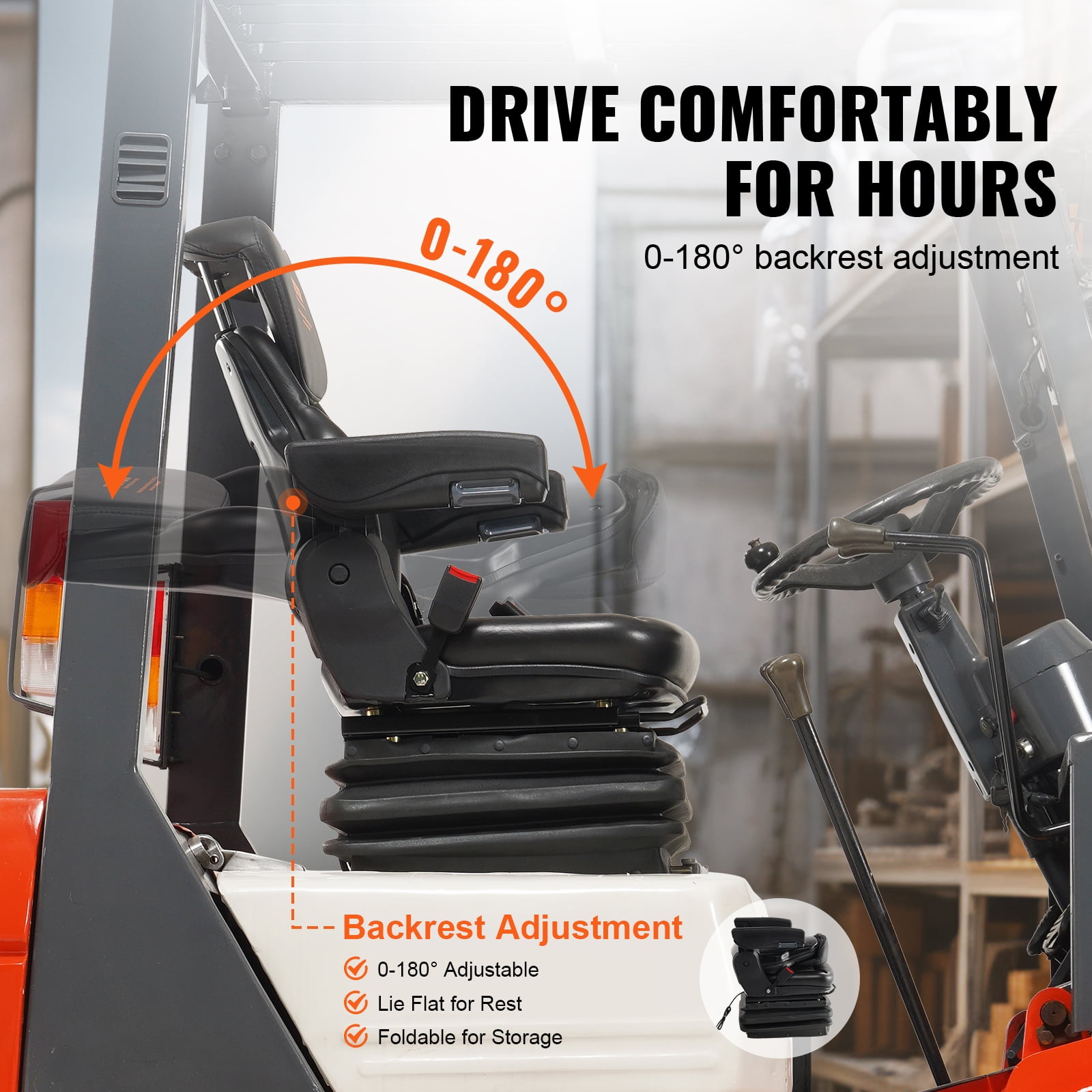 VEVOR Universal Tractor seat Suspension, Fold Down Forklift Seat with Adjustable Angle Back, Micro Switch, Seatbelt and Armrests, 3-level Shock Absorption Tractor Seat for Tractor Loader Excavator