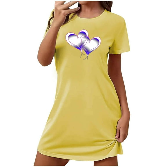 biudgviw Valentines Day Women's Nightgown Short Sleeve Nightshirts Heart Print Casual Crewneck Sleep Dress Loose Lightweight Sleepwear