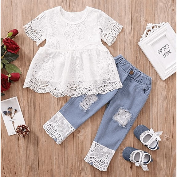 Toddler Baby Girl Clothes Lace Flowers Ruffle Shirt Top Ripped Denim Jeans Pants Set 2Pcs Outfits