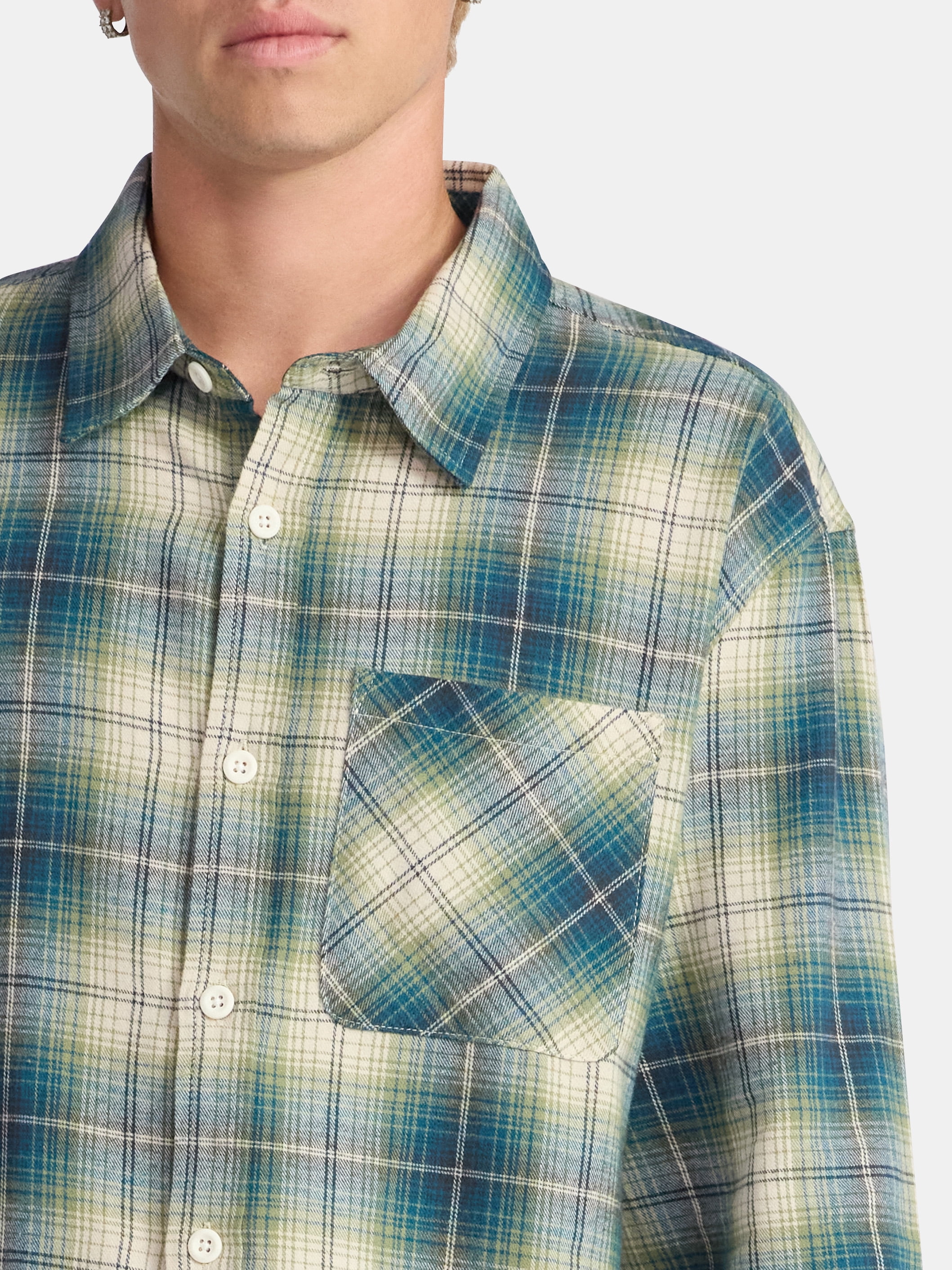 No Boundaries Collared Cotton Boxy Cropped Fit Flannel Shirt, Men's and Big Men's Sizes XS-5XL