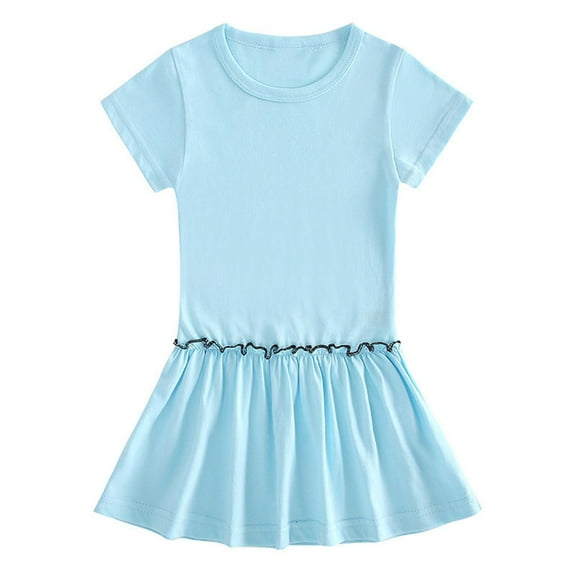 Toddler Girls Dress Crewneck Short Sleeve Pleated A Line Solid Color Cotton T-Shirt Dress for School Casual Summer